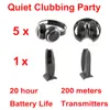 Professional Silent Disco black folding wireless headphones - Quiet Clubbing Party Bundle 5 Foldable Earphones with 1 Transmitter 200m Distance