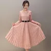 Wholesale- 2017新しい春のファッション韓国風ロングドレスシングルブレスト長袖レースプリーツバッキングドレス女性