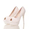 White Lace Peep Toe Pumps 14cm High Heel Wedding Evening Party Shoes Summer Party Prom Shoes Simple Bridesmaid Dress Shoes