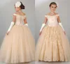 2016 New Cheap Champagne Pageant Dresses Teens Off Shoulder Lace Tulle Long Ball Gown Kids Flower Girls Dress Birthday Communion Gowns