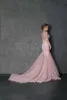 Sexy Blush Pink Mermaid Wedding Dress Luxurious V Neck Sleeveless Backless Beads Lace Appliques Tulle Bridal Gowns LS 31