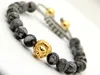 2016 New Design Mens Bracelets Wholesale 8mm Grey Picture Jasper Stone Beads Gold and Silver Macrame Lion Head Bracelets