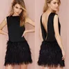 Sexy 2016 Black Chiffon Backless Short Cocktail Dresses Cheap Ostrich Feather Open Back Prom Dresses Custom Made China EN3318