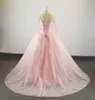 Rosa färg boll klänning kväll klänningar äkta applikationer pärlor sexiga långa ärmar baklösa quinceanera klänningar klänning prom page debutante klänning