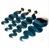 T1B Verde Teal Ombre Peruano 3 Pacotes Com Fechamento Raízes Escuras Dois Tons de Cabelo Virgem Com Fechamento Onda Do Corpo Ondulado Ombre cabelo Com Fecho