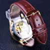 Vinnare Casual Style Transparent Case Brown Leather Strap White Golden Mens Klockor Top Brand Luxury Mechanical Male Wrist Watch
