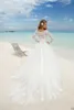 Schöner Strand Langarm Ballkleid Brautkleider Bootshals-Spitze-Floral-montierte Perlen-Sash-Sommer-Braut-billiges arabisches böhmisches Land