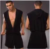 Men's Sleepwear Wholesale- Cotton Men Bathrobe Summer Hooded Robes Leisure Home Sleeveless NightGown Pajama Underwear Gay Dressing Gown