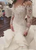 Vestido دي noiva طويلة الأكمام فساتين الزفاف مع شير الرقبة خمر حورية البحر يزين الرباط تول أثواب الزفاف