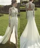 Haute Couture Chiffon Lace Wedding Dress Long Sleeve High Neck Illusion Back Applique Court Train Deep Split Front Garden Bridal Gown