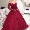 Lace Off Shoulder Prom Dress Beadings Long Sleeve Zipper Backless Red Tutu Tulle Party Dress Pretty Women Cheap Sweep Train Evenin7661767