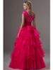Fuchsia Modest Prom Dresses With Short Sleeves Beaded Bodice Square Neck Prom Gowns For Teens Tiered Organza Long Prom Party Dress