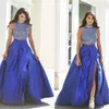 2021 New Royal Blue Two Piece Prom Dresses High Beads A Line Satin Floor-Length Party Dress Floor-Length Evening Party Gowns