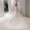 Saudi Arabia Mermaid Dresses Scoop Neck Full Lace Appliqued Crystal Bridal Gowns Long Cathedral Train Modest Wedding Dress