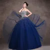 새로운 우아한 로얄 블루 공 가운 Quinceanera Dresses 2017 구슬 크리스탈 레이스 최대 달콤한 16 드레스 15 년 댄스 파티 가운 QS1075