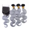 シルバーグレーのオムレ人間の髪の束と閉鎖ブラジルのボディーウェーブ＃1b灰色のオムレのレースクロージャー4x4と人の髪の束を織ります "