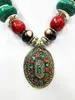 18 '' verde étnico verde turquesa colar de pingente de prata Tibet esculpida talão