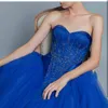 Robe de bal en dentelle bleue à la mode, robes de Quinceanera, décolleté en cœur, perles, robes de bal, traîne de balayage, en Tulle, robe douce 16