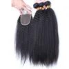 9A Mongol Kinky Em Linha Reta Cabelo Humano Com Fechamento Livre Médio Três Parte Italiano Yaki Grosso Lace Encerramento Com Bundles 4 pçs / lote