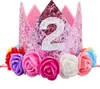 Couronne de fête scintillante pour 2e anniversaire de bébé, bandeau diadème à fleurs roses artificielles et crémeuses, nouvelle collection, HJ149