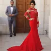 Elegant röd sjöjungfru plus storlek prom klänningar långa ärmar spets appliqued juvel nacke formella kvällsfest klänningar skräddarsydda hög kvalitet