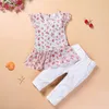 Été filles vêtements enfants costumes bébé filles vêtements fleur chemise hauts + pantalon blanc + ceinture trois pièces ensemble coton bébé tenues pour les filles