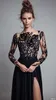 Elegant svart spets applique aftonklänningar med illusion långärmad 2017 chiffongolv längd sida split prom klänningar formell fest dräning