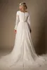 2019 Modest A-Line Lace Tulle Temple Wedding Dresses Long Sleeves V-Neck Sheer Sleeves Trains Buttons Back Bridal Gown Plus Size Arabic