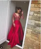 Red Long Sleeves Prom Dress With Over-Skirts Lace Applique Deep V-Neck Mermaid Formal Wear Evening Dresses Satin Sweep Train Party Gown