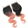 Body Wave 1B / Oro rosa Ombre 4x4 Chiusura superiore in pizzo con intrecci Rosa rosa Ombre Capelli umani vergini indiani 3 Bundles con chiusura in pizzo