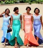 Afrikanska nigerianska billiga sjöjungfrun brudtärna klänningar hi-lo piga av ära klänningar satin ärmlös bröllopsfest prom klänningar