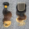 3 paquetes con cierre 1b / 4/27 cabello humano brasileño 3 tonos ombre marrón extensiones de cabello rubio paquetes de armadura de cabello con cierre