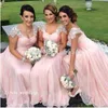 우아한 가벼운 홍당무 핑크 시폰 신부 들러리 드레스 인기있는 A 라인 층 길이의 하녀 명예 웨딩 파티 가운