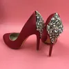 Saten Kırmızı Rhinestones Düğün Ayakkabı Elbise Pompa Platformu Yuvarlak Ayak Slip-on Kadın Ayakkabı Stilettos Yüksek Topuklar Yaz Bayanlar ...