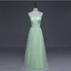 Nouvelle robe de demoiselle d'honneur longue scoop cou perlé vert clair étage longueur robe de soirée Lace Up