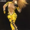 Nouvelle nouveauté de mode jaune Tiger impression salopette Danseur Cosplay scène performance vêtements justaucorps Elastic Rompers Club costumes de danse Pole