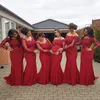Dark Red Plus Size Bridesmaid Dresses With Lace Illusion Long Sleeves Off Shoulder Mermaid Maid Of Honor Gowns For Wedding Women Formal Wear