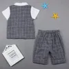 2017 Summer Children Suit Boys Plaid Gentleman bow Fake two pieces Short sleeve Tops Tees+Plaid Shorts 2 Piece Sets Baby Kids Clothing
