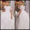 Scoop vintage manga curta Primeira comunhão vestidos para meninas vestidos de comunião branco longa flor menina vestidos para casamentos