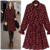 Spring Casual Women Dresses Chiffon Bow Dress Large Size Flare Sleeve Bow Collar Pleated Dress Female