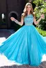 Gratis verzending Populaire Social Ice Blue Turquoise Coral Modest Kralen Prom Jurk Elegante Lange Frone Jurk Meisjes Homecoming Jurk