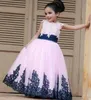 Lovely Girl Pageant Dresses Vintage Navy Blue Lace Appliques Floor Length Long Formal Blush Pink Flower Girl Dress for Wedding Party