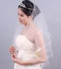 Stokta Ucuz Kısa Düğün Veils ile Şerit Kenar Beyaz Tül Gerçek Örnek Gelin Veils Gelinlik Için