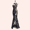 Elegant Beading Split Evening Dresses Rami Salamoun Appliqued High Neck Mermaid Sequins Long Prom Dress Real Images Formal Gowns2377