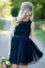 Navy Blue Short Country Bridesmaid Dresses 2017 Cheap Jewel Beaded Collar Lace Tulle Mini Wedding Party Formal Gown Custom Made EN9253