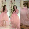 Pink High Low Prom Dress Short Front Long Back Tulle Flowers V Neck Arabic Celebrity Red Carpet Party Evening Dresses