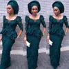 Robes de bal en dentelle vert foncé demi-manches longues gaine longueur au sol robes de soirée col transparent Peplum Aso Ebi robes de soirée formelles