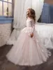 Klänningar spetsar långärmad bollklänningar blomma tjejklänningar för bröllop 2017 rodnad rosa tull applikation flickor tävling klänningar barn födelsedagsfest