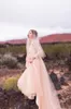 Blush Pink Tulle Country Wedding Dresses 2016 Cheap Ivoey Lace Long Sleeve V Neck Keyhole Back Long Bridal Gowns Custom Made EN102513