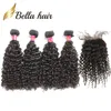 Brasiliansk lockigt hår 4 buntar med stängning naturlig färgväv svarta förlängningar bella hår 5 st/parti
